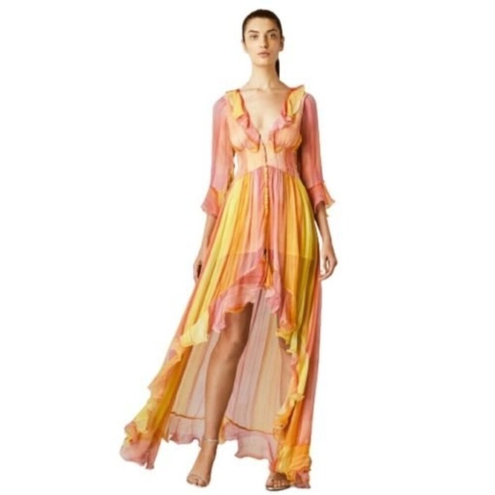 NWT Rococo Sand yellow & coral ruffle accent & asymmetric hem dress, S